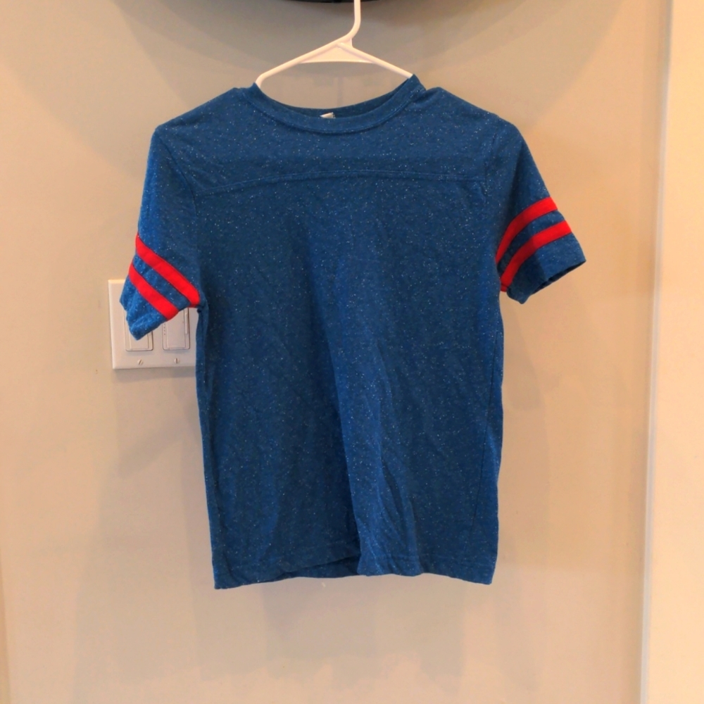 Blue shirt with red stripes